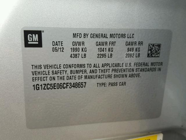 1G1ZC5E06CF348657 - 2012 CHEVROLET MALIBU 1LT 银色 照片 10