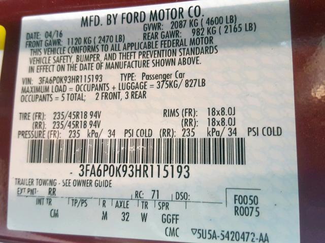 3FA6P0K93HR115193 - 2017 FORD FUSION TIT RED photo 10