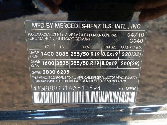 4JGBB8GB1AA612594 - 2010 MERCEDES-BENZ ML 350 4MA BLACK photo 10