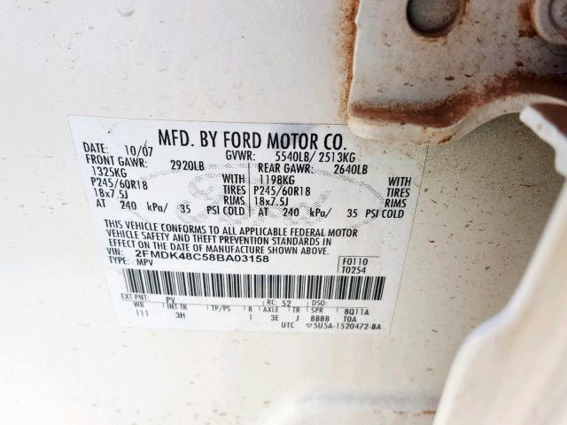 2FMDK48C58BA03158 - 2008 FORD EDGE SEL CREAM photo 10