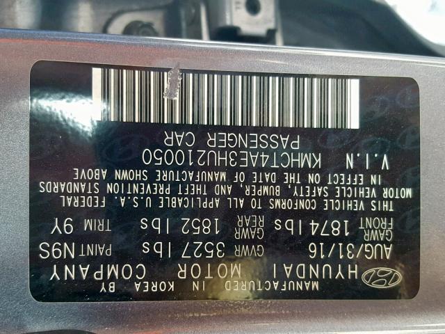 KMHCT4AE3HU210050 - 2017 HYUNDAI ACCENT SE GRAY photo 10