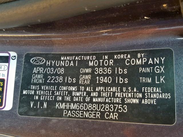 KMHHM66D88U283753 - 2008 HYUNDAI TIBURON GS CHARCOAL photo 10