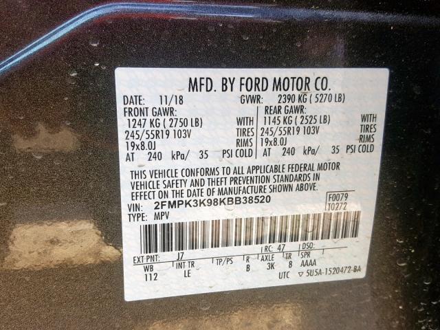 2FMPK3K98KBB38520 - 2019 FORD EDGE TITAN GRAY photo 10