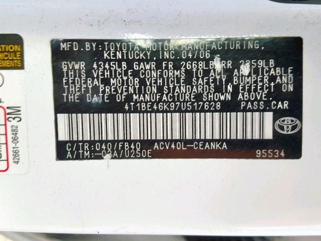 4T1BE46K97U517628 - 2007 TOYOTA CAMRY NEW WHITE photo 10