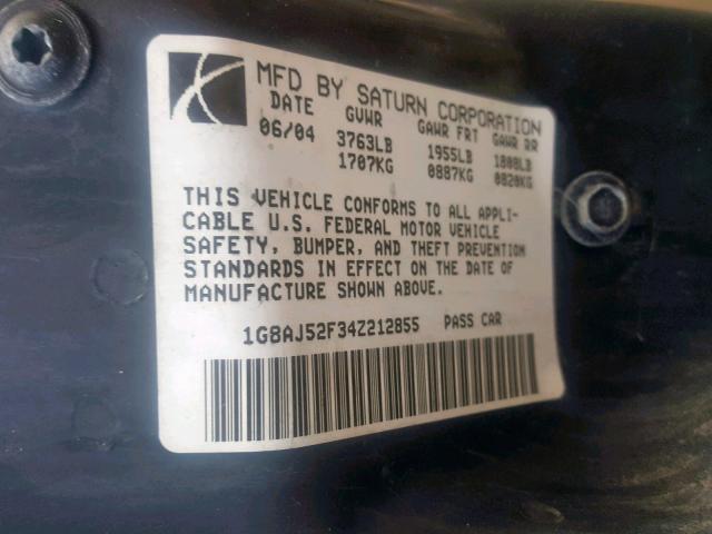 1G8AJ52F34Z212855 - 2004 SATURN ION LEVEL BLACK photo 10