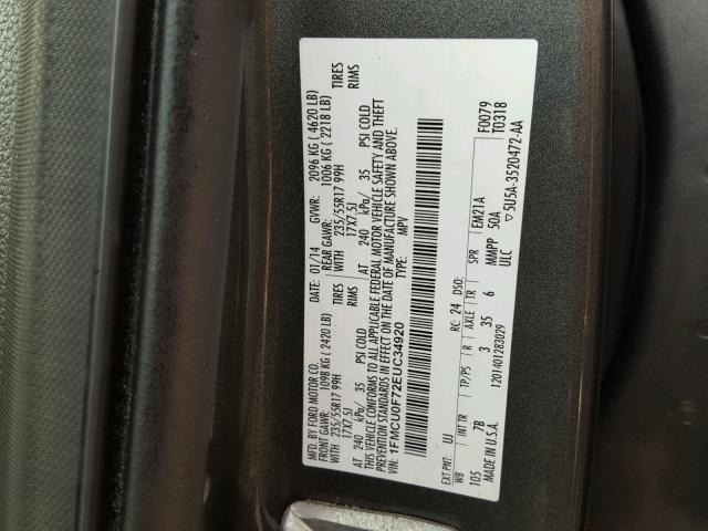 1FMCU0F72EUC34920 - 2014 FORD ESCAPE S GRAY photo 10