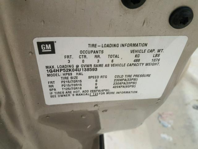 1G4HP52K04U138593 - 2004 BUICK LESABRE CU BEIGE photo 10