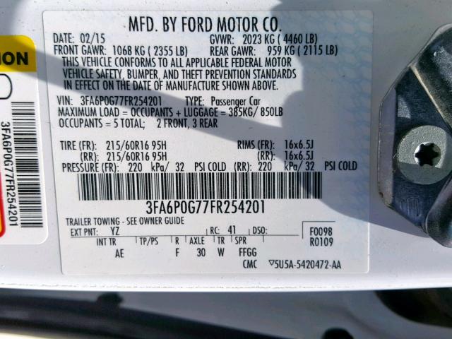 3FA6P0G77FR254201 - 2015 FORD FUSION S WHITE photo 10