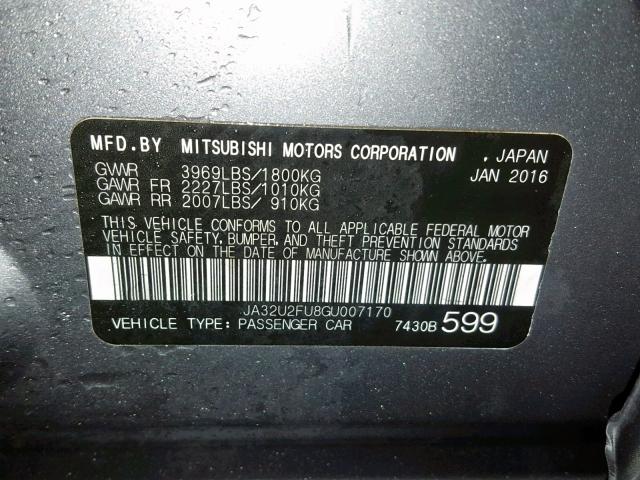 JA32U2FU8GU007170 - 2016 MITSUBISHI LANCER ES GRAY photo 10