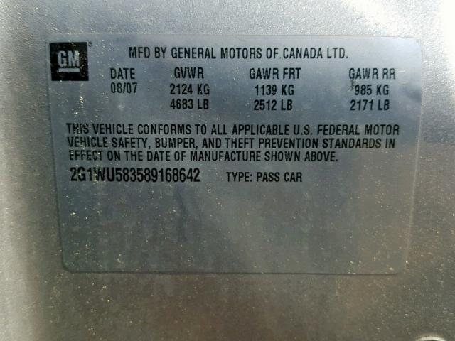 2G1WU583589168642 - 2008 CHEVROLET IMPALA LTZ SILVER photo 10