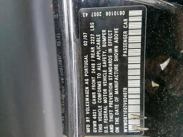WVWDB71F07V034878 - 2007 VOLKSWAGEN EOS 3.2L S BLACK photo 10