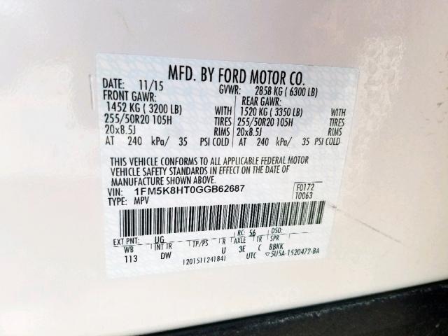 1FM5K8HT0GGB62687 - 2016 FORD EXPLORER P WHITE photo 10