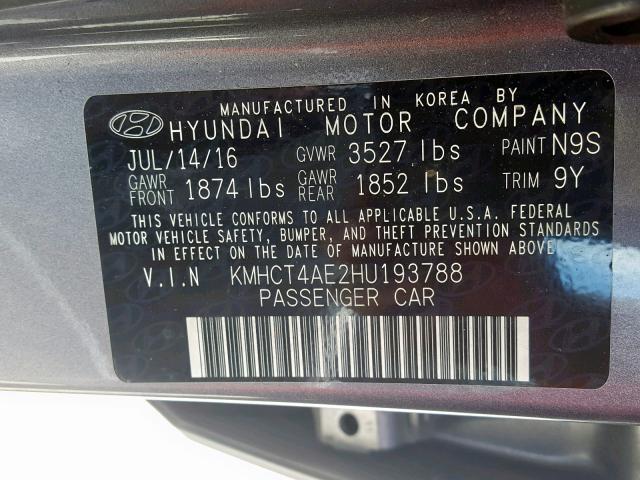 KMHCT4AE2HU193788 - 2017 HYUNDAI ACCENT SE GRAY photo 10