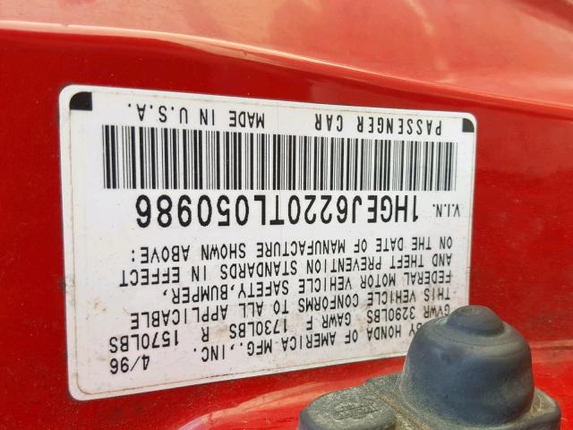 1HGEJ6220TL050986 - 1996 HONDA CIVIC DX RED photo 10