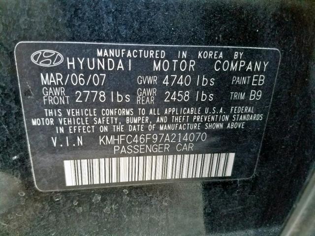 KMHFC46F97A214070 - 2007 HYUNDAI AZERA SE BLACK photo 10