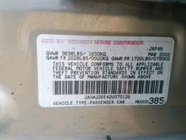 JA3AJ26E42U070126 - 2002 MITSUBISHI LANCER ES SILVER photo 10