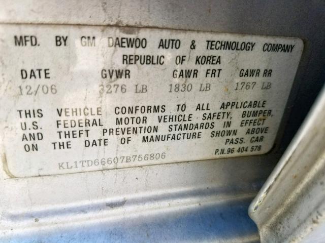 KL1TD66607B756806 - 2007 CHEVROLET AVEO BASE Күміс фото 10