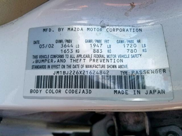 JM1BJ226X21624842 - 2002 MAZDA PROTEGE DX WHITE photo 10