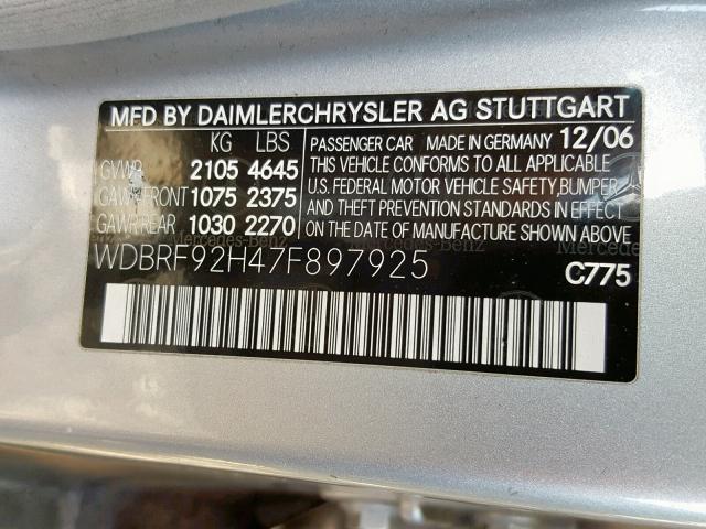 WDBRF92H47F897925 - 2007 MERCEDES-BENZ C 280 4MAT SILVER photo 10