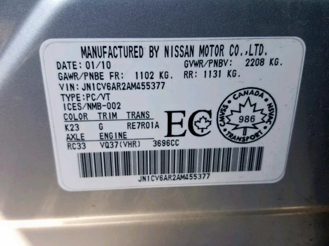 JN1CV6AR2AM455377 - 2010 INFINITI G37 SILVER photo 10