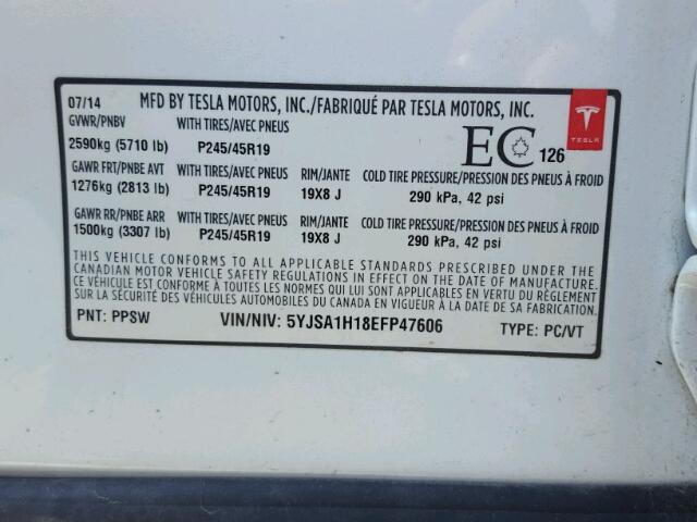 5YJSA1H18EFP47606 - 2014 TESLA MODEL S Սպիտակ լուսանկար 10