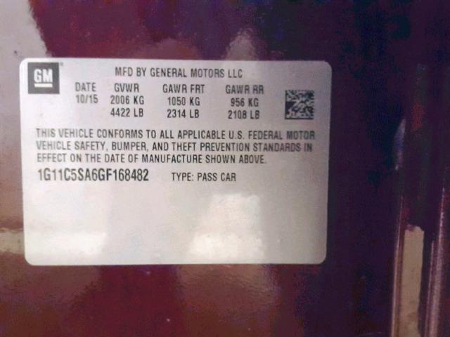 1G11C5SA6GF168482 - 2016 CHEVROLET MALIBU LIM BURGUNDY photo 10