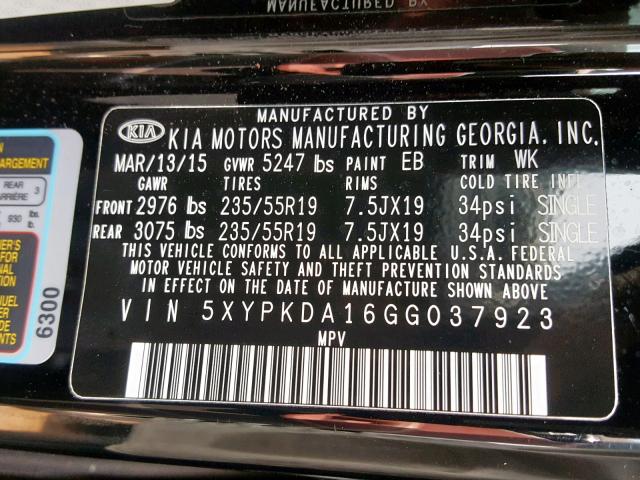 5XYPKDA16GG037923 - 2016 KIA SORENTO SX BLACK photo 10