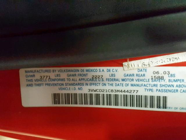 3VWCD21C83M444277 - 2003 VOLKSWAGEN NEW BEETLE წითელი ფოტო 10