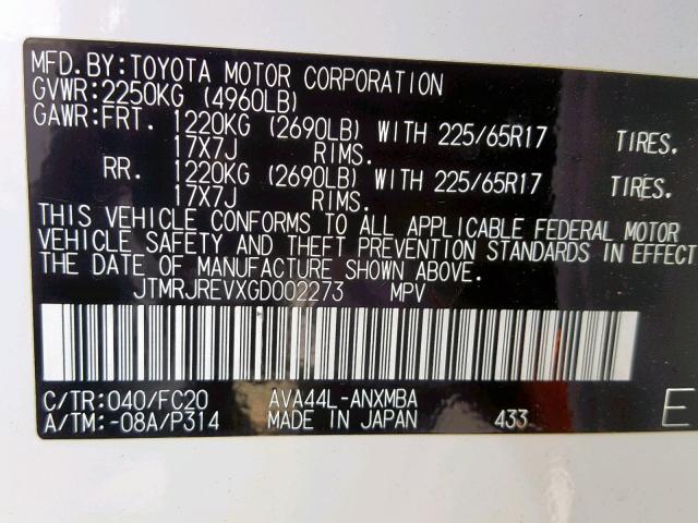 JTMRJREVXGD002273 - 2016 TOYOTA RAV4 HV XL WHITE photo 10