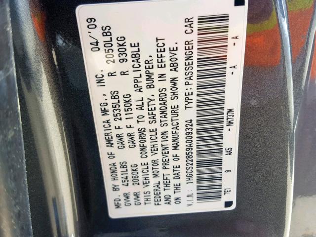 1HGCS22859A009324 - 2009 HONDA ACCORD EXL GRAY photo 10