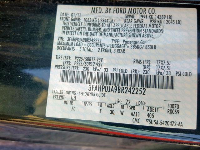 3FAHP0JA9BR242252 - 2011 FORD FUSION SEL BLACK photo 10