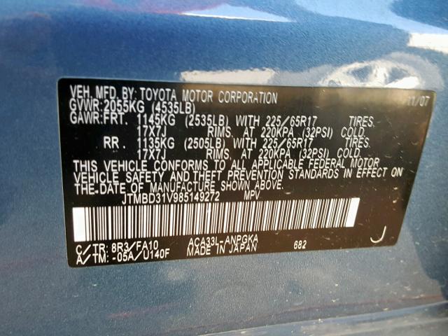 JTMBD31V985149272 - 2008 TOYOTA RAV4 LIMIT BLUE photo 10