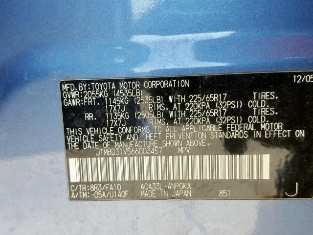 JTMBD31V566003457 - 2006 TOYOTA RAV4 LIMIT BLUE photo 10