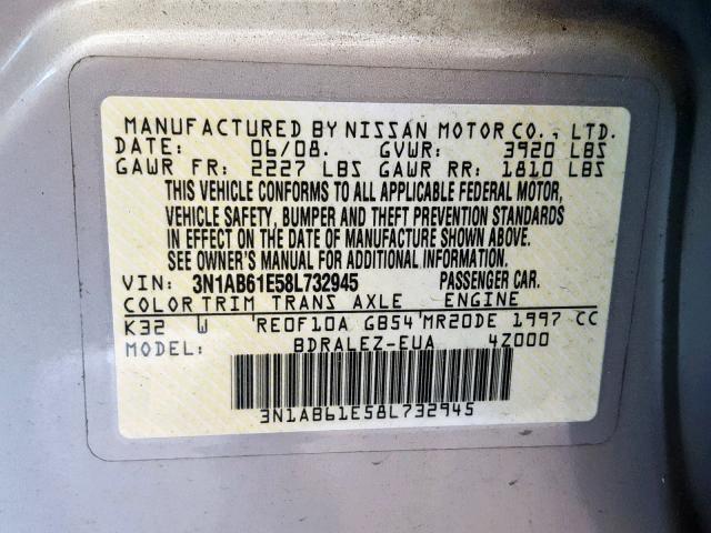 3N1AB61E58L732945 - 2008 NISSAN SENTRA 2.0 GRAY photo 10