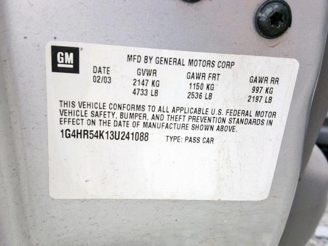 1G4HR54K13U241088 - 2003 BUICK LESABRE LI SILVER photo 10