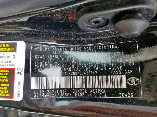 4T1BK3DB7BU429742 - 2011 TOYOTA AVALON BAS BLACK photo 10