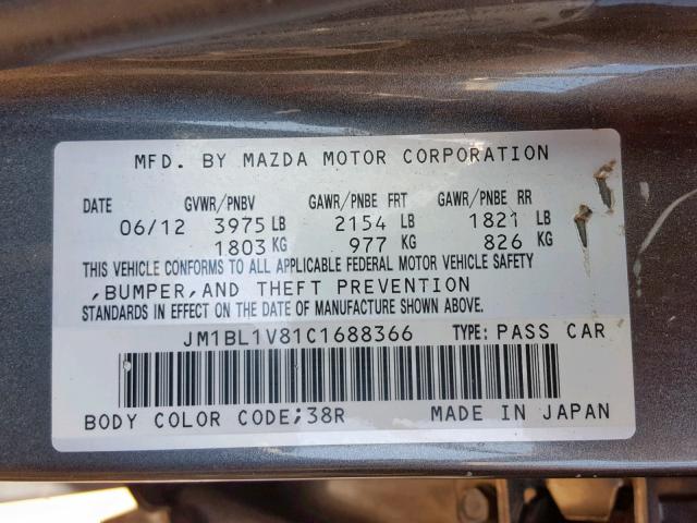 JM1BL1V81C1688366 - 2012 MAZDA 3 I GRAY photo 10