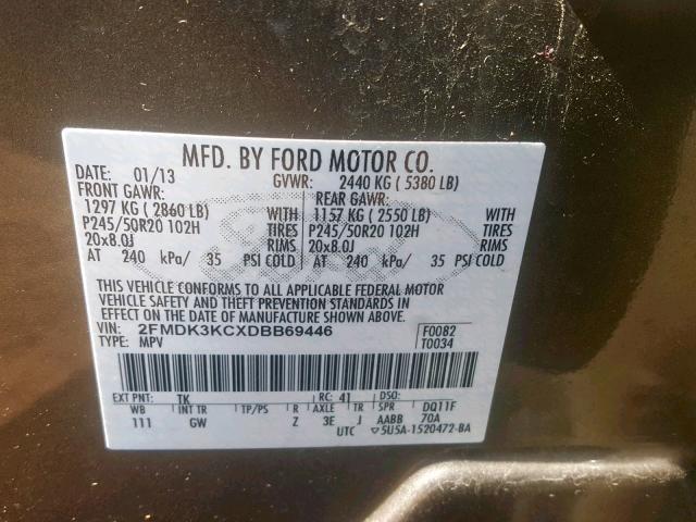 2FMDK3KCXDBB69446 - 2013 FORD EDGE LIMIT GRAY photo 10