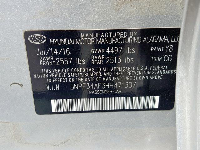 5NPE34AF3HH471307 - 2017 HYUNDAI SONATA SPO SILVER photo 10