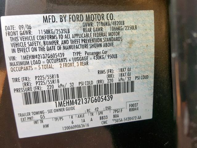 1MEHM42137G605439 - 2007 MERCURY MONTEGO PR შავი ფოტო 10