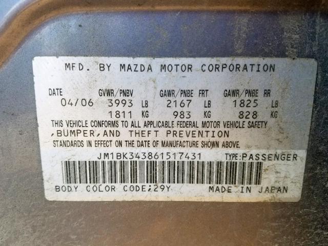 JM1BK343861517431 - 2006 MAZDA 3 HATCHBAC GRAY photo 10