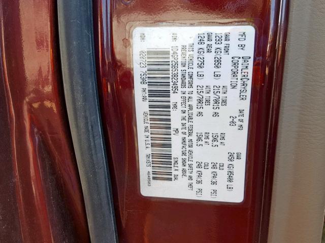 1D4GP25B53B234954 - 2003 DODGE CARAVAN SE MAROON photo 10