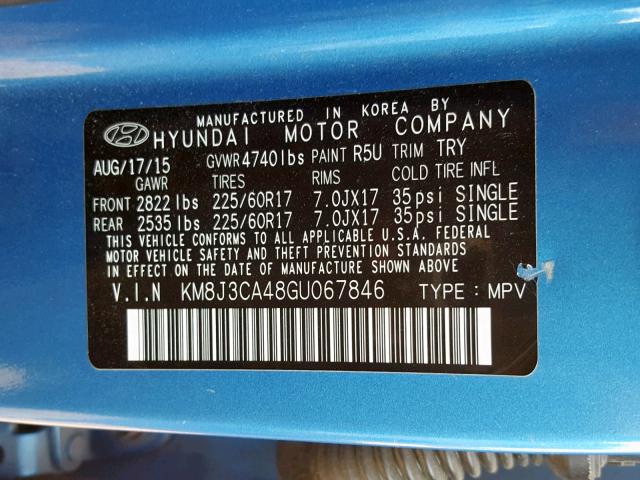 KM8J3CA48GU067846 - 2016 HYUNDAI TUCSON LIM BLUE photo 10