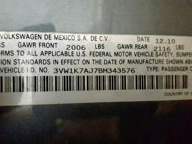 3VW1K7AJ7BM343576 - 2011 VOLKSWAGEN JETTA BASE GRAY photo 10