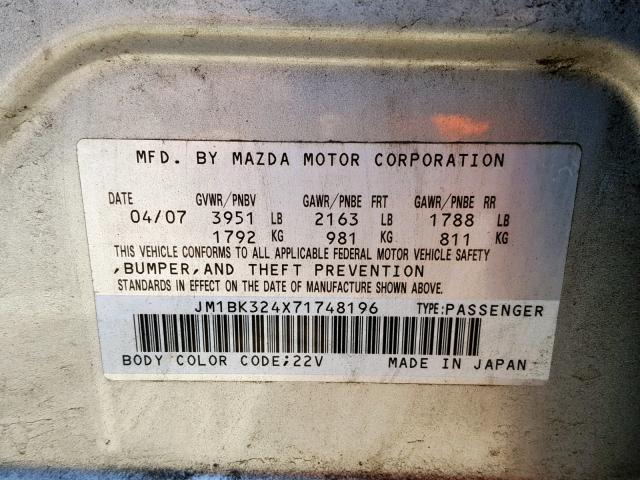 JM1BK324X71748196 - 2007 MAZDA 3 S SILVER photo 10