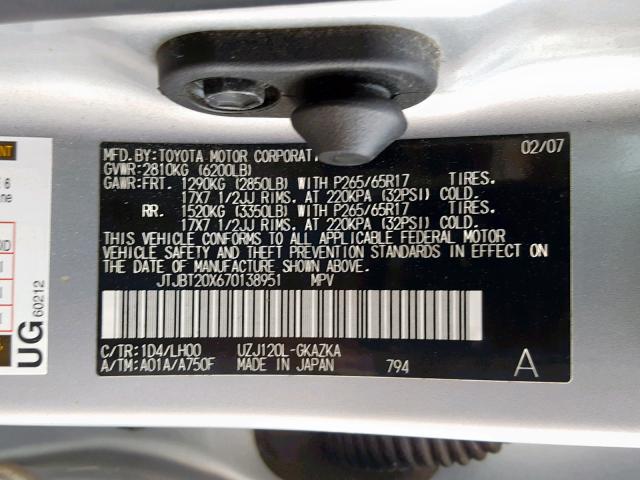 JTJBT20X670138951 - 2007 LEXUS GX 470 SILVER photo 10