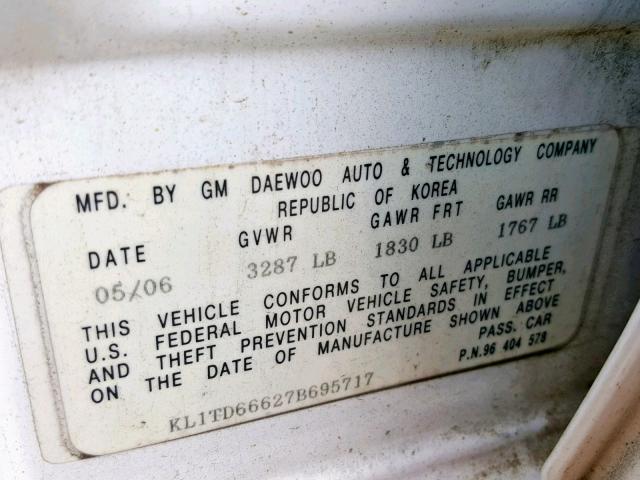 KL1TD66627B695717 - 2007 CHEVROLET AVEO BASE თეთრი ფოტო 10