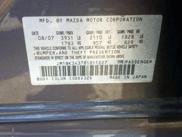 JM1BK343781811227 - 2008 MAZDA 3 HATCHBAC GRAY photo 10