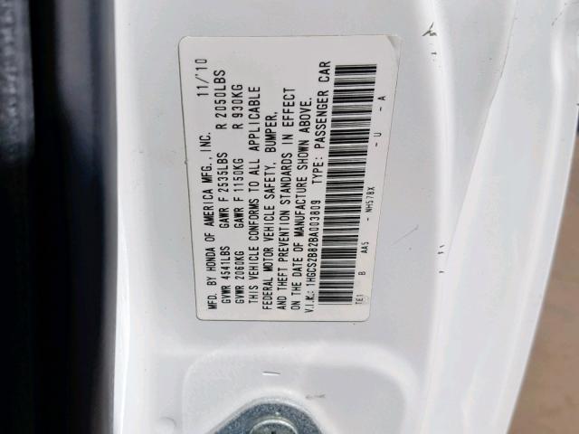 1HGCS2B82BA003809 - 2011 HONDA ACCORD EXL WHITE photo 10