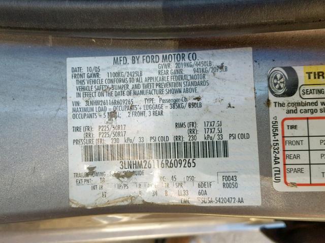 3LNHM26116R609265 - 2006 LINCOLN ZEPHYR GRAY photo 10